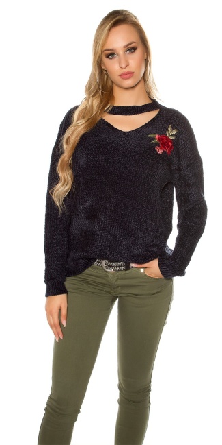 Trendy gebreide sweater-trui met bloemen-print borduurwerk marineblauw
